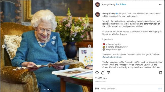 Ratu Elizabeth Rayakan 70 Tahun Bertakhta (instagram.com/theroyalfamily)