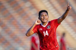 Ekspresi pemain timnas Indonesia U-22 usai cetak gol